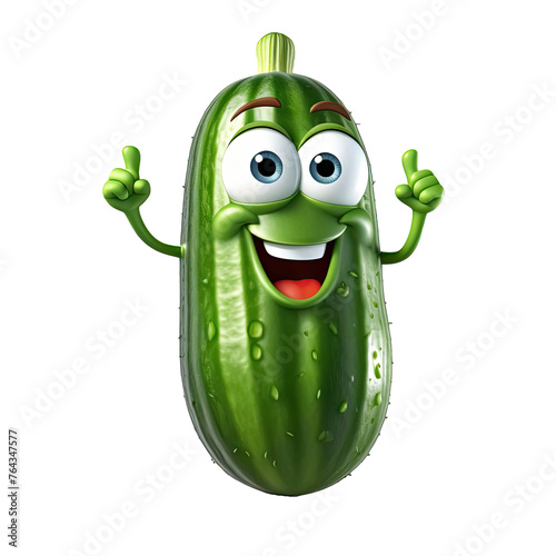 3D tiny cartoon character of cucumber with eyes, arms, legs on white transparent background. promote healthy kid's eating, nutrition education, children's books, fun mascot to sell vegetables