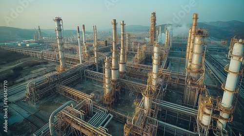 Aerial image of oil industry plant with metal pipes and chimneys, producing gray smoke and pollution to environment. Generative AI