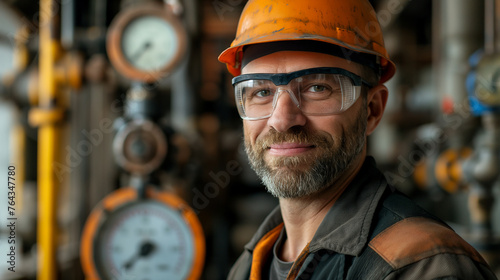 Portrait of worker with helmet in front of barometer in gas industry plant. Generative AI