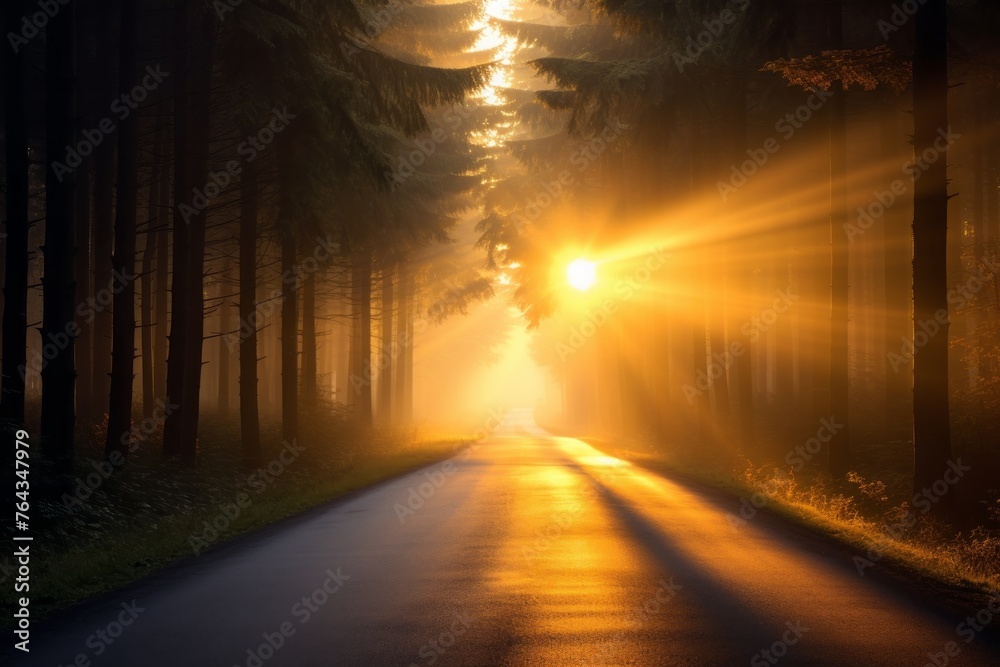 A road at sunrise, with soft, golden light breaking through