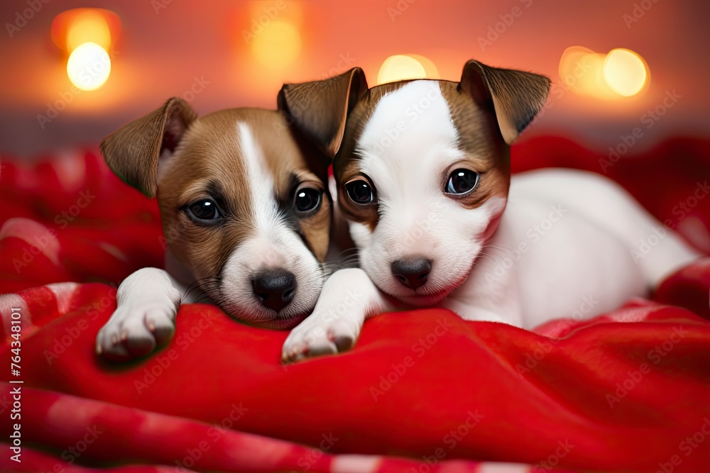 Cute kitten and jack russell terrier puppy sleep together with red heart under warm blanket on a bed on festive background. Valentines day concept - generative ai