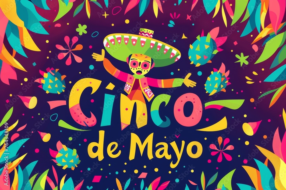 A dynamic illustration celebrating Cinco de Mayo with vivid colors, playful typography, and traditional Mexican motifs.
