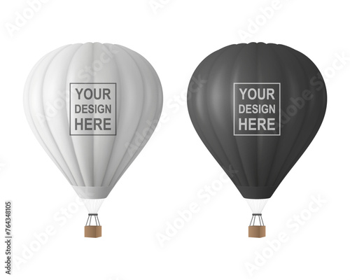 Vector 3d Realistic White and Black Hot Air Balloon Icon Set, Isolated. Vector Illustration of an Inflatable Aircraft for Travel, Flight Adventure, Front View. Hot Air Balloons in Different Colors