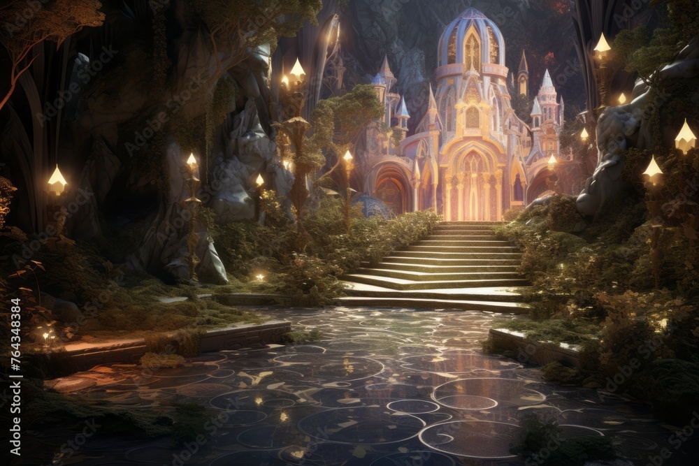 Enchanted 3D realm with mystic landscapes and magical illumination
