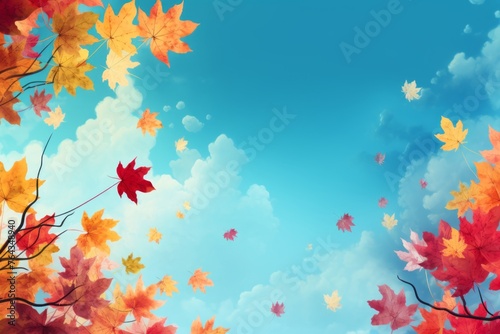Vibrant autumn sky background with colorful leaves against the blue