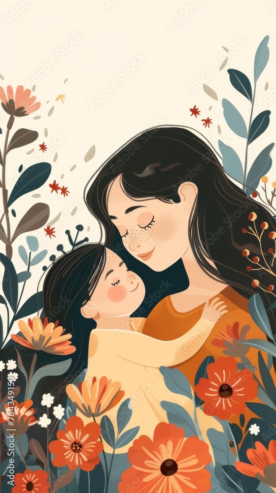Illustration of mother with her little child, flower in the background.