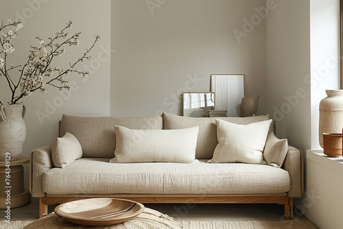 Contemporary Japandi space, cozy beige sofa, muted tones.