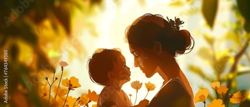 Illustration of mother with her little child, flower in the background.