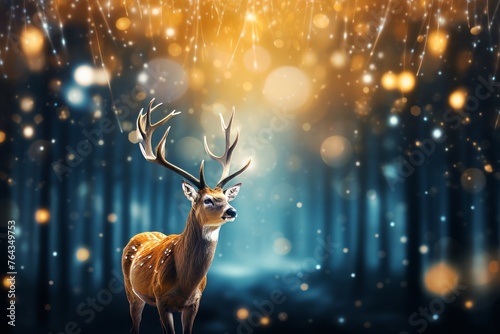 Bokeh lights with sparkling reindeer. Christmas concept background