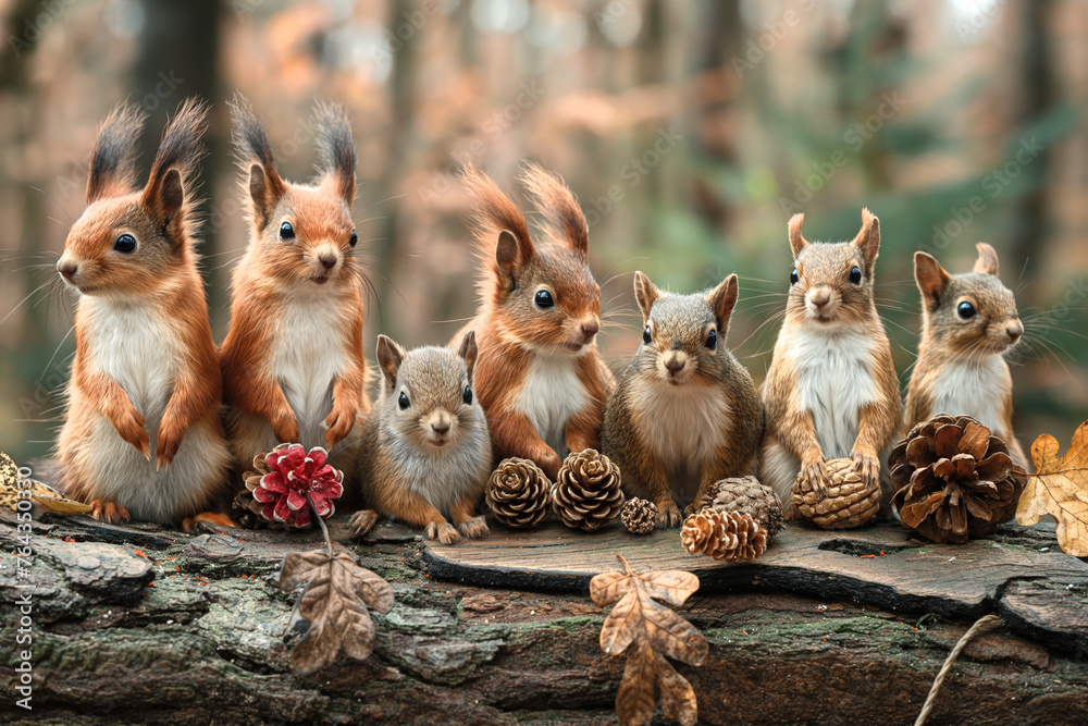Wiewiórki w rzędzie w lesie - obrazy, fototapety, plakaty 