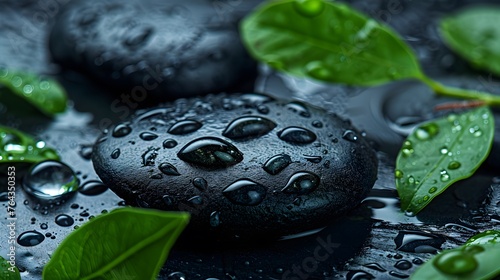 Close-up of black Zen stones with dewy green leaves and water droplets, 