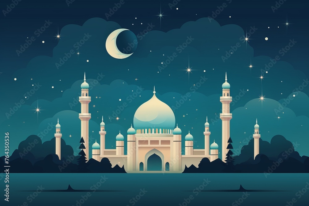 Mosque at night with a crescent moon in the background