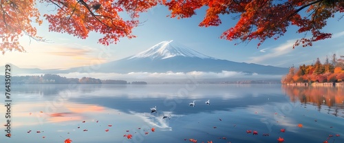 Colorful autumn leaves and Mount Fuji and red leaves at Lake. mountain with lake in the background.