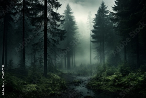 Enigmatic and mysterious wallpaper background with a fog-covered forest © KerXing