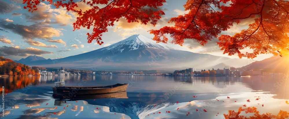 Fuji mountain landscape for background. Landscape of view the Mount Fuji and Bright red maple in lake.