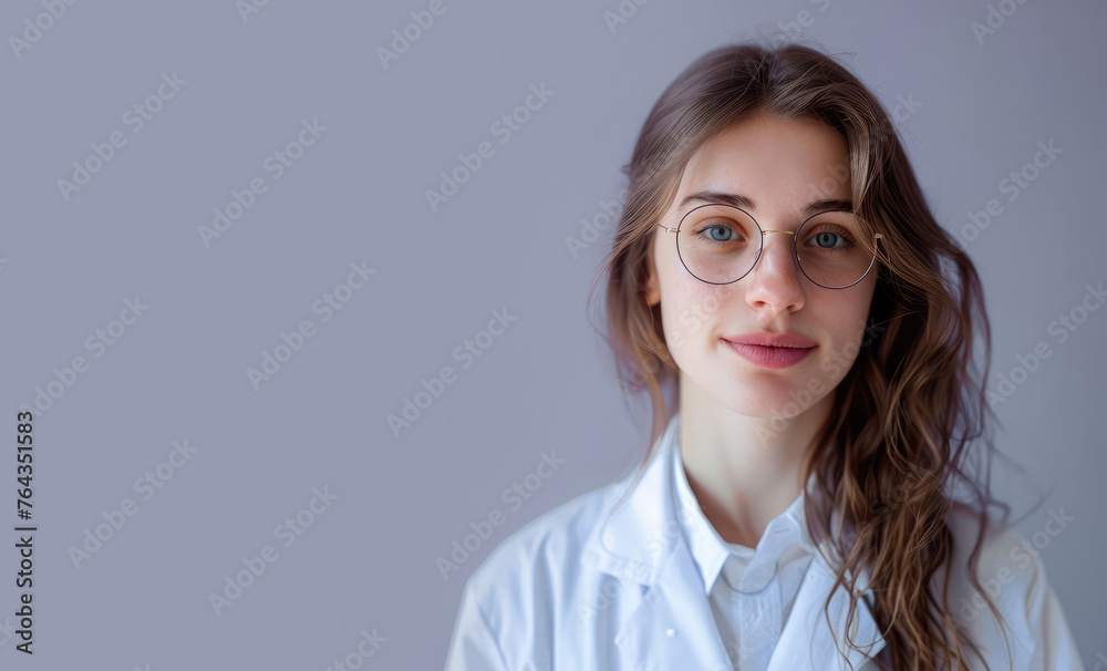 Portrait of a young female doctor intern with white uniform isolated on a gray background.
