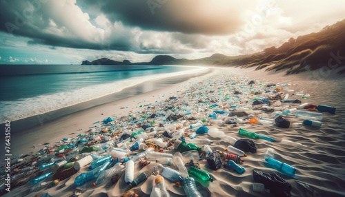 Wide shot of a deserted beach strewn with plastic bottles and bags, illustrating the scale of pollution