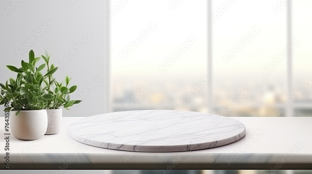 Empty beautiful round marble tabletop counter mock up, interior of clean and bright kitchen Empty beautiful round marble tabletop counter mock up, interior of clean and bright kitchen