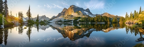Reflection of a grand mountain in the glassy surface of a calm lake. Nature landscape panorama on a sunny day.