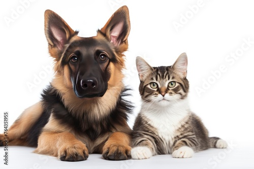 Cat and dog looking in the camera on a white background - generative ai
