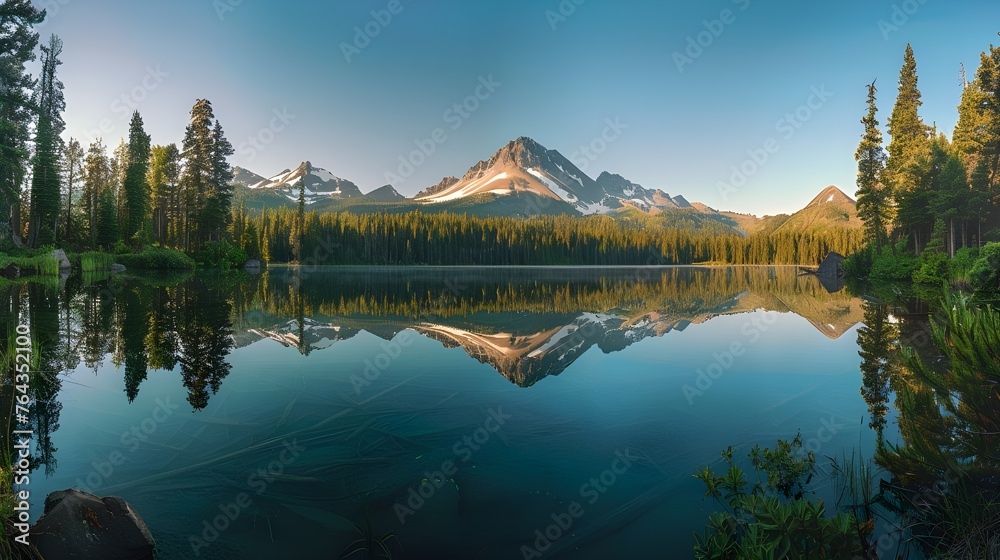 Green mountains and tranquil lakes. View of a mountain peak with a lake at sunrise. Beauty of nature background.
