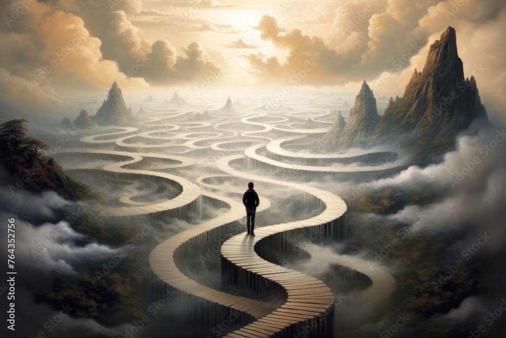 A painting of a man standing on a bridge in the middle of a maze - obrazy, fototapety, plakaty 
