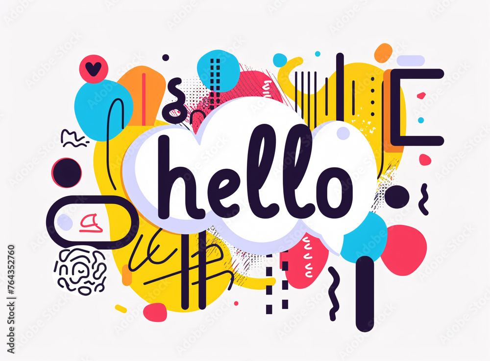 This image features the word 'Hello' in bold, stylized typography at the center, surrounded by a lively explosion of abstract paint splatters and brush strokes in a palette of vibrant colors This image features the word 'Hello' in bold, stylized typography at the center, surrounded by a lively explosion of abstract paint splatters and brush strokes in a palette of vibrant colors