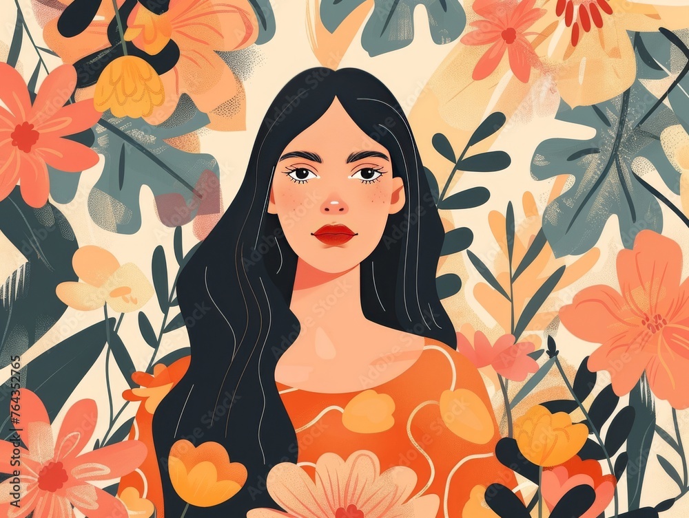 Woman with flowers. Concept of mothers day illustration.
