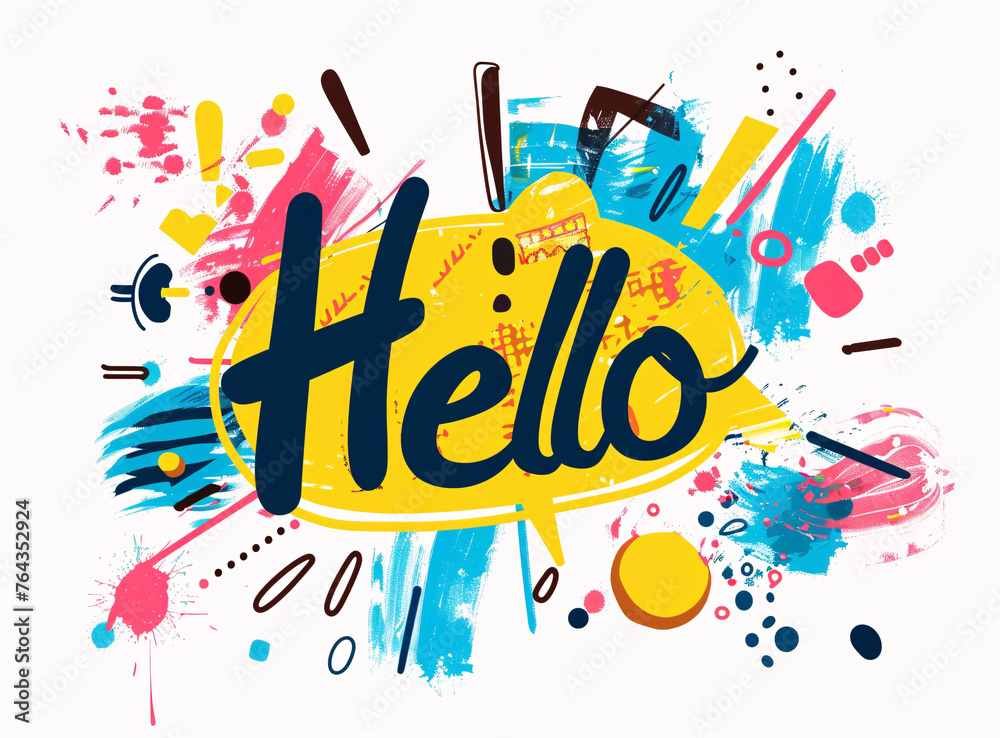 This image features the word 'Hello' in bold, stylized typography at the center, surrounded by a lively explosion of abstract paint splatters and brush strokes in a palette of vibrant colors This image features the word 'Hello' in bold, stylized typography at the center, surrounded by a lively explosion of abstract paint splatters and brush strokes in a palette of vibrant colors
