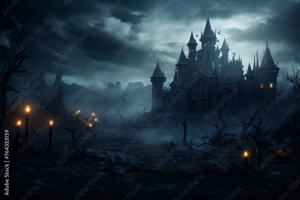 Sinister haunted castle background with room for your Halloween themed mock ups.