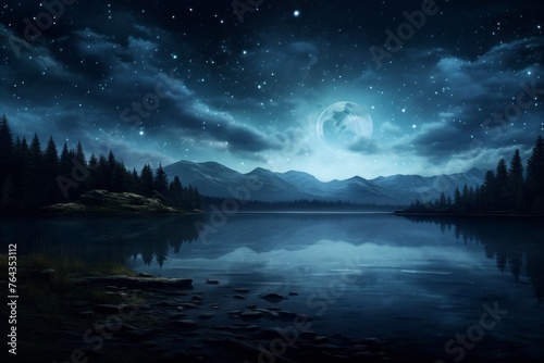 Serene night scene with a full moon illuminating a peaceful lake © KerXing