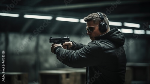 Focused Man Practicing Firearms Training at Shooting Range