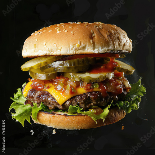 Hamburger isolated on a black background. Concept of fast food, diet, unhealty dinner, meat based meal photo