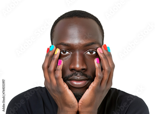 African American man headshot with hand on face showing colorful rainbow nail polish. Isolated over white transparent background. Pride month, LGBT community concept © LorenaPh