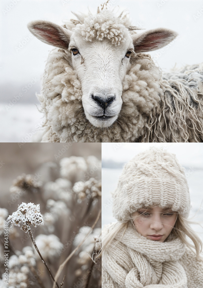 Obraz premium Set of three photos in theme of beauty fashion, merino sheepskin wool, winter color, fabric and linen, female beauty and elegance, natural photography, cold winter daylight