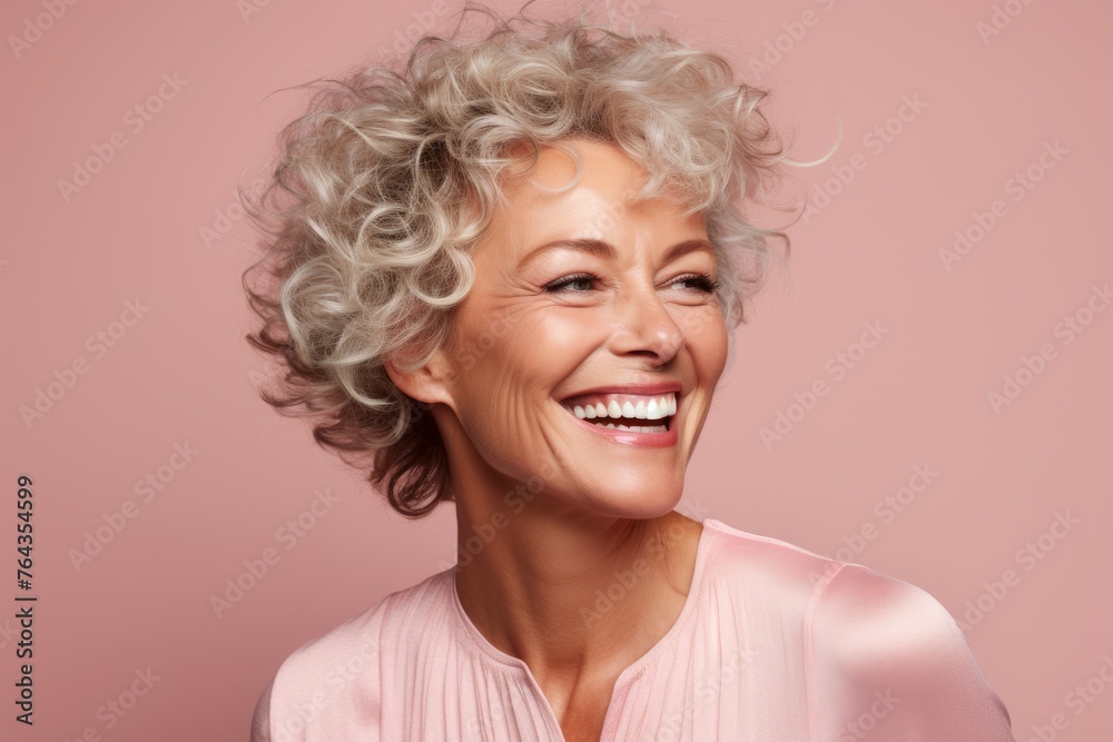 Closeup portrait of smiling senior woman with blonde curly hair on pink background Closeup portrait of smiling senior woman with blonde curly hair on pink background