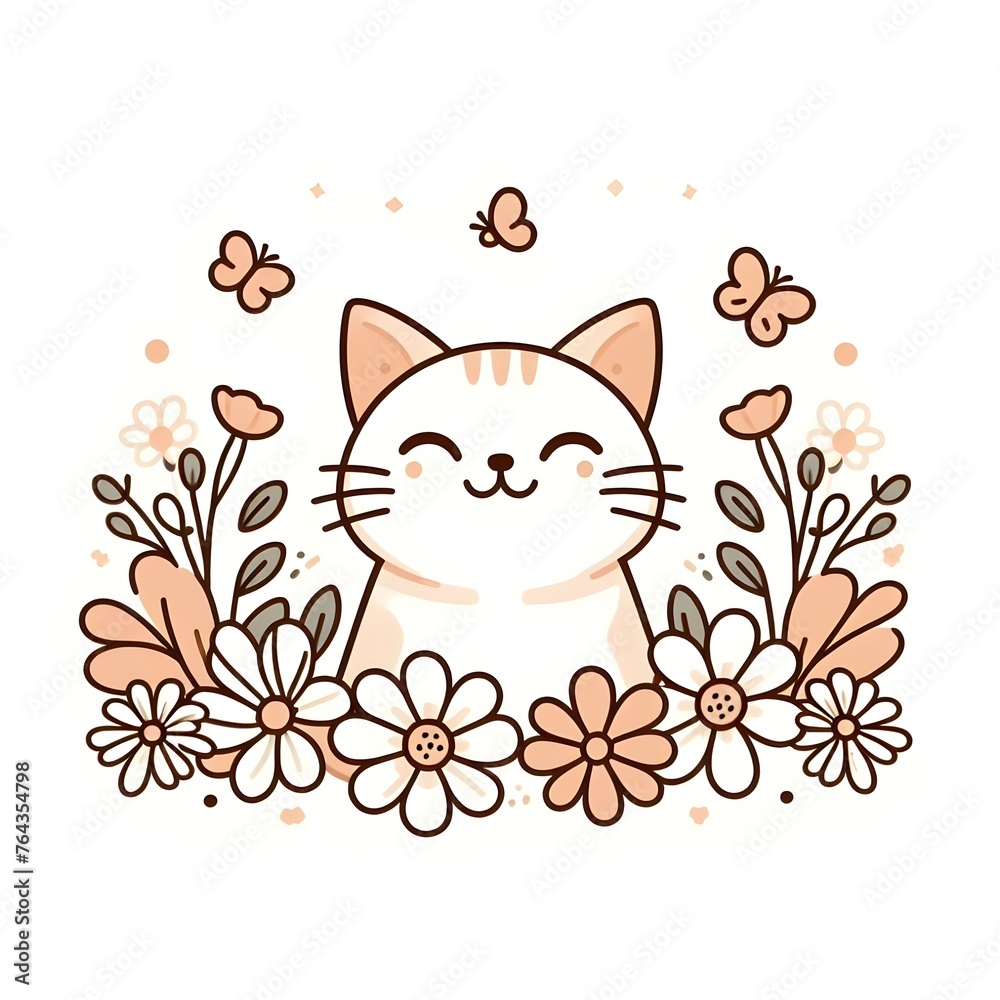 A minimalist cat smiles happily amidst flowers.