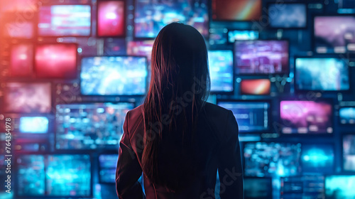Young Woman Entering 3D Cyberspace, Animated Social Media Interfaces, Online Video Games, Television, Internet Content. Visualization Entertainment Surfing Computer Hologram Network, Copy Space