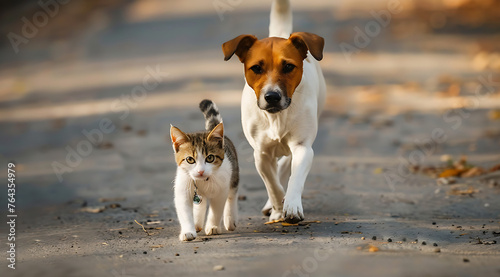 Cat and dog walking together