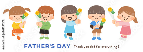 父の日に黄色いバラを持つ子供たちのイラスト素材