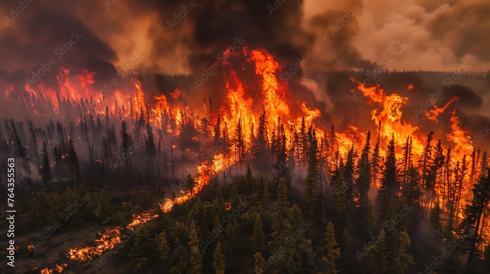 Intense Forest Fire Engulfing Trees in a Wild Blaze
