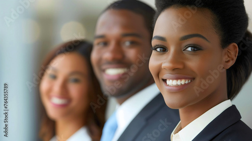 Multiethnic diverse business team colleagues, African American and Asian businesswomen and businessman smiling at camera. Corporate company employees or workers partners cooperation on a project