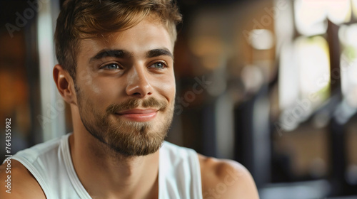 Handsome young man wearing white athletic t shirt, smiling and sitting in modern gym interior. Male athlete workout training, healthy fitness lifestyle, exercise indoors. Copy, free text space