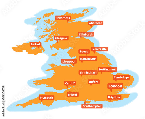 Illustrated vector map of United Kingdom with major cities, created in perspective view 