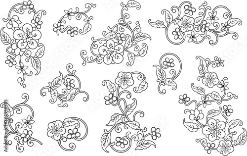 A set of vector floral ornamental designs in traditional Chinese style. Spring and summer decoration concept.