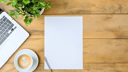 Top view of empty blank white vertical resume paper document mockup template on wooden office table or desk next to the laptop notebook with pencil above. Business curriculum vitae CV, job application