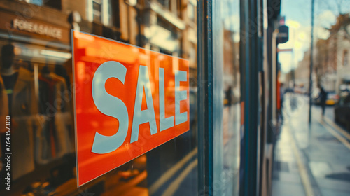 White sale text on red sign on glass door of a retail clothes store mall or boutique building. Exterior front view of discount price on fashion brand collection, consumerism promo outlet,special offer