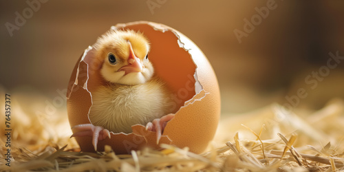 Cute chick emerging from a cracked egg on a straw bed