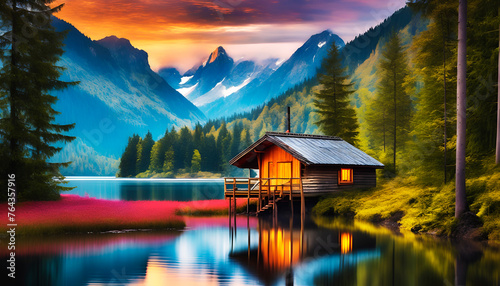 landscape with mountains and lake, sunrise or sunset, wood house and trees, reflation on water, Wall Art for Home Decor, Wallpaper and Background for Cellphone, desktop, laptop, mobile cell phone