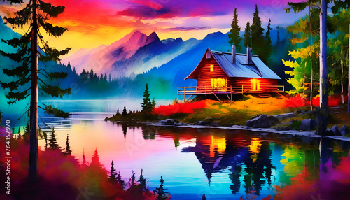 landscape painting with mountains and lake, sunrise or sunset, wood house and trees, reflation on water, Wall Art for Home Decor, Wallpaper and Background for Cellphone, desktop, laptop, cell phone